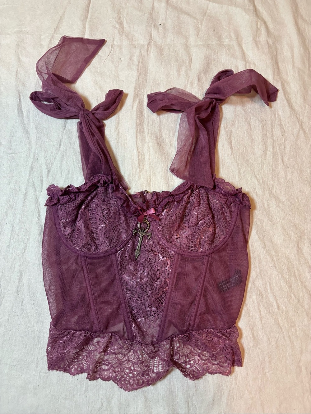 Dolls Kill Plum Lace Sheer Tie-Shoulder Bustier